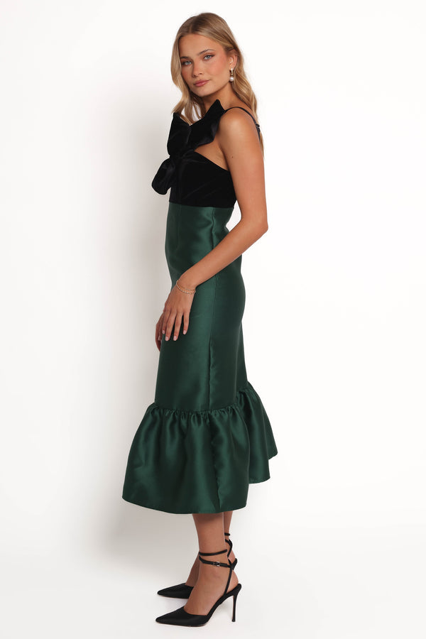 Amelie Bow Front One Shoulder Midi Dress - Black/Emerald