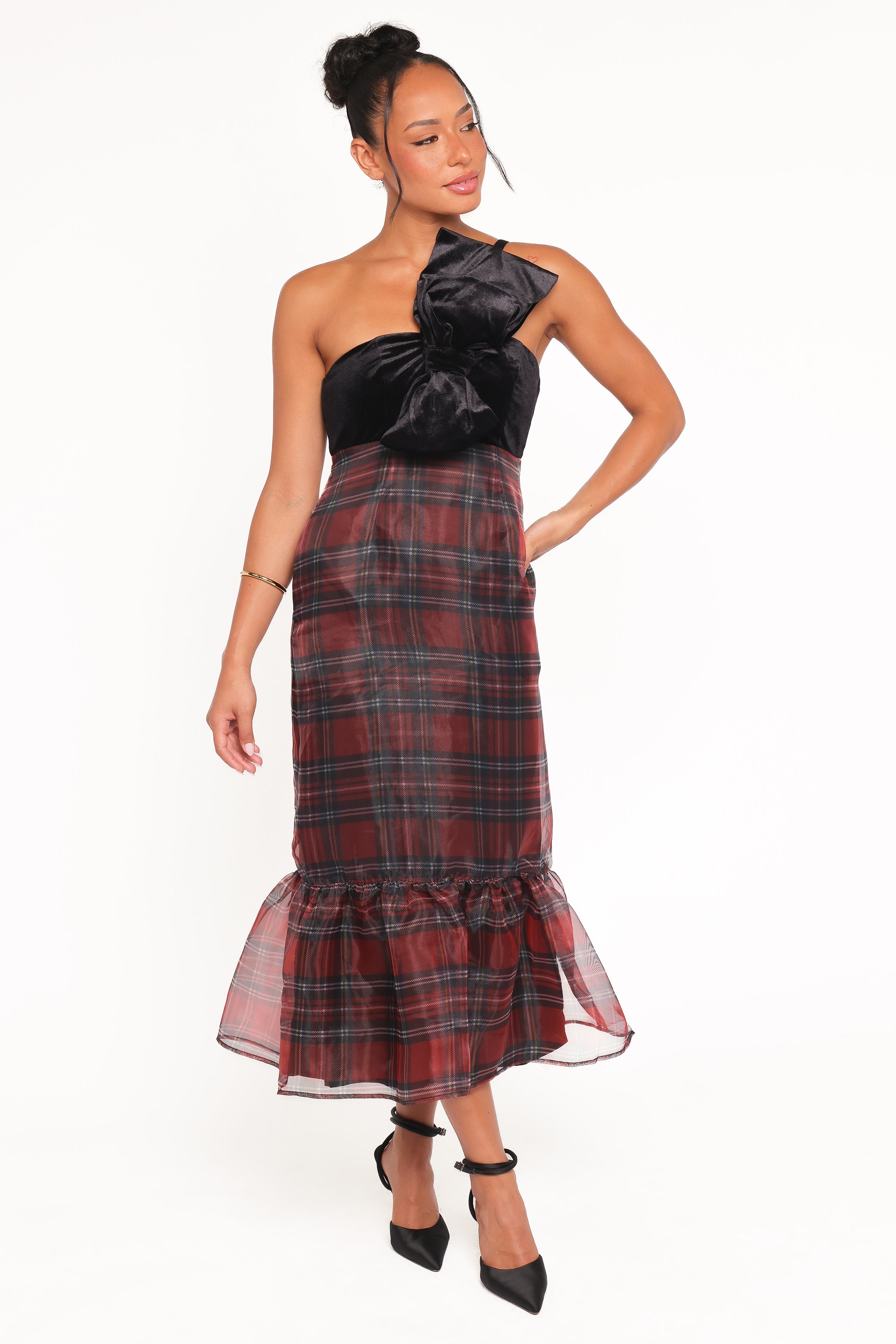 Amelie Bow Front One Shoulder Midi Dress - Red Plaid