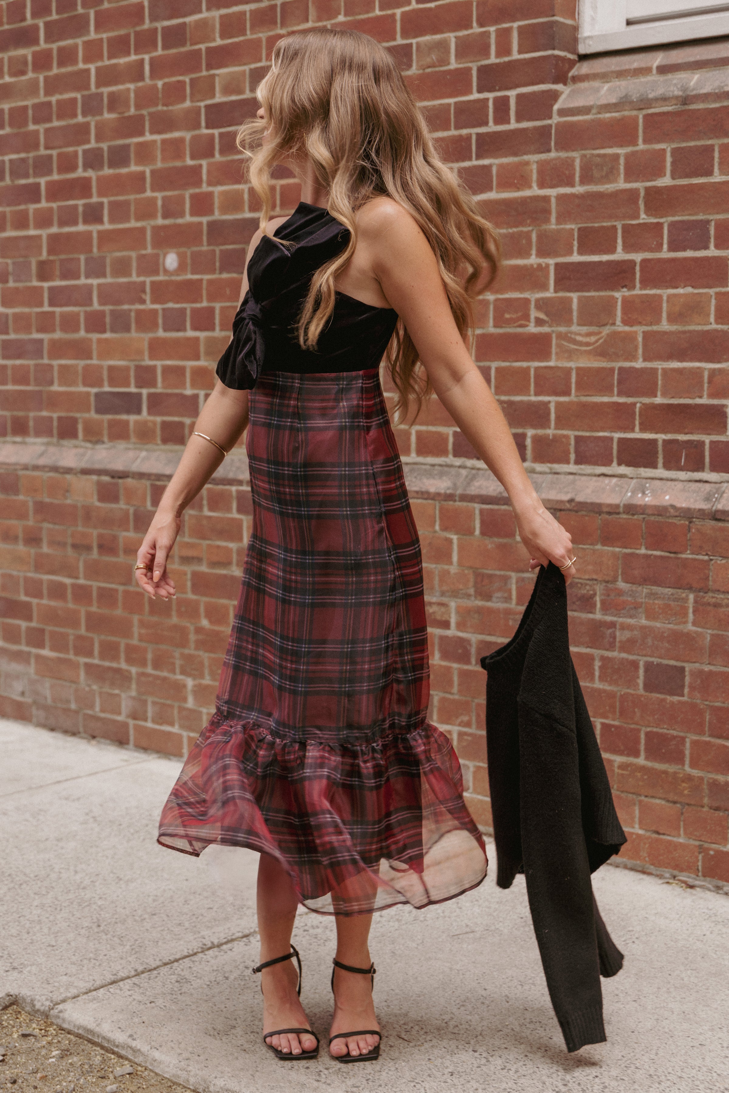 Amelie Bow Front One Shoulder Midi Dress - Red Plaid