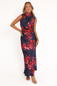 Anabelle Halter Neck Lace Maxi Dress - Navy Floral