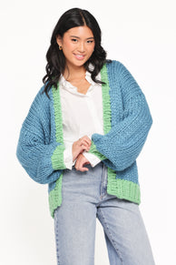 Anige Contrast Trim Cardigan - Blue/Green