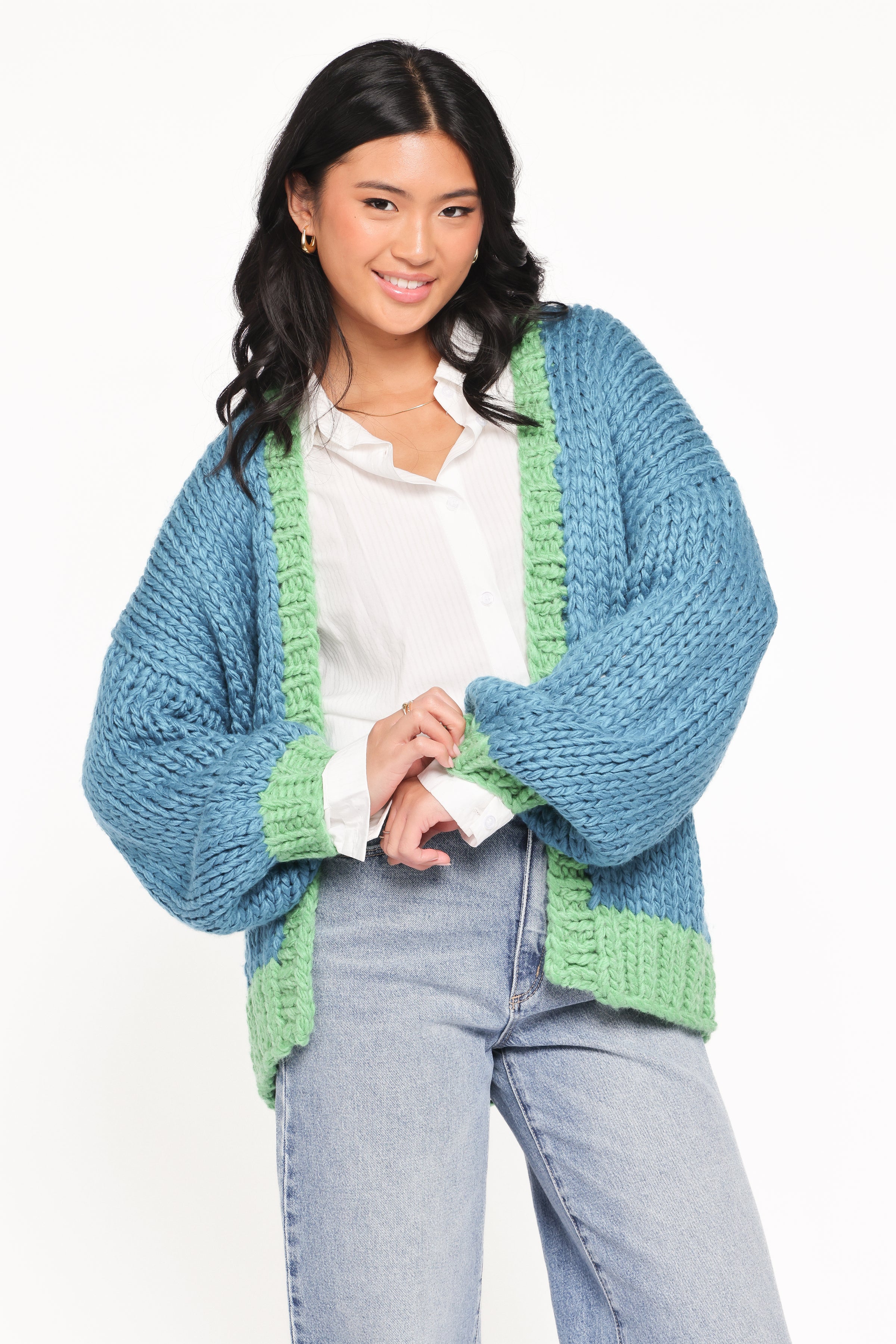 Anige Contrast Trim Cardigan - Blue/Green