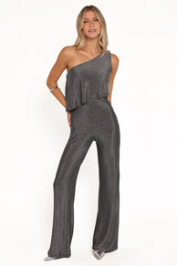 Anna One Shoulder Lurex Jumpsuit - Black Silver