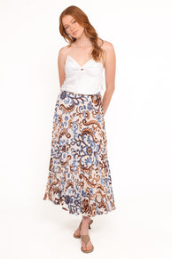 Aoife Pleated Midi Skirt - Ivory Brown Blue