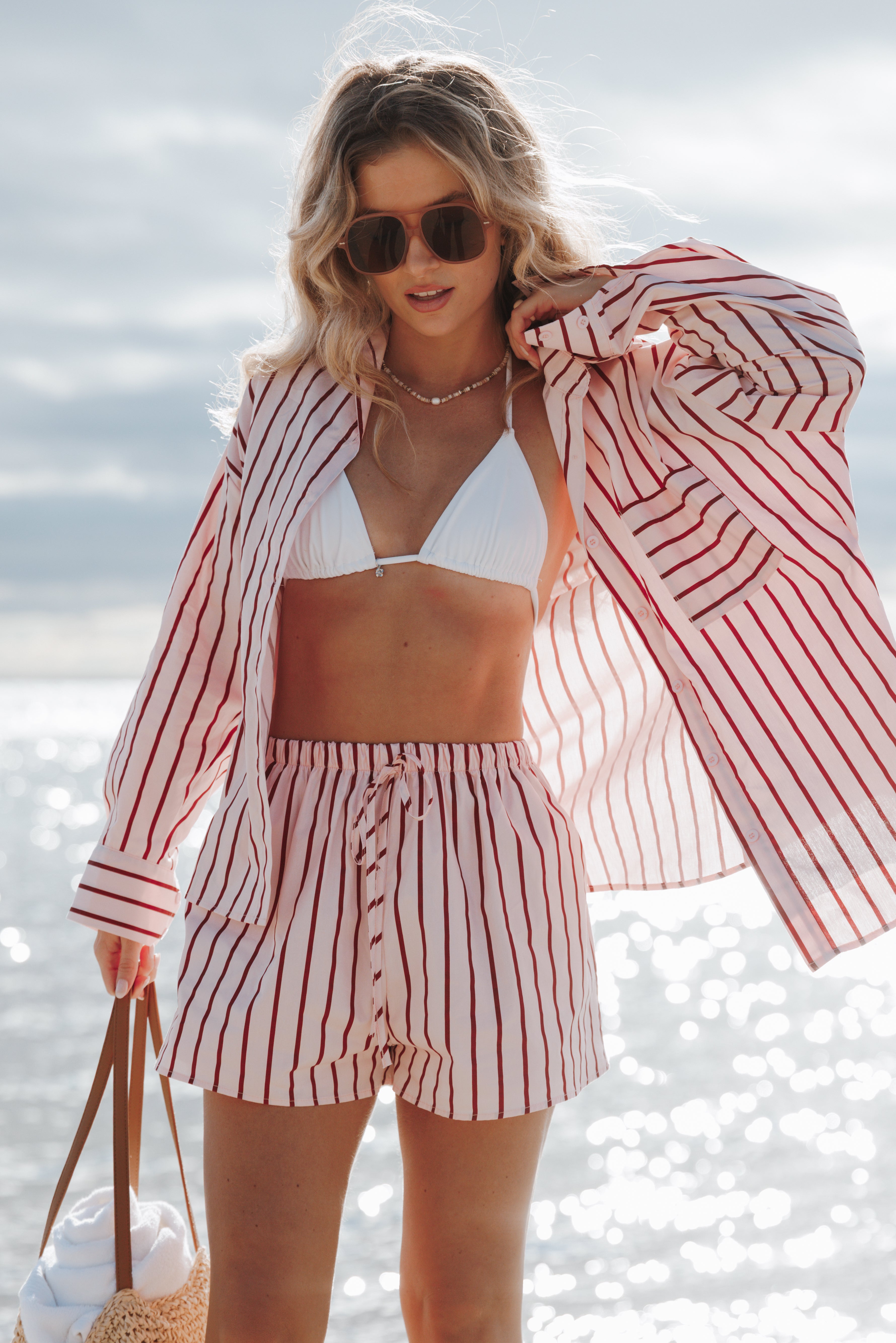 Ashlyn Short Set - Pink And Burgundy Stripe