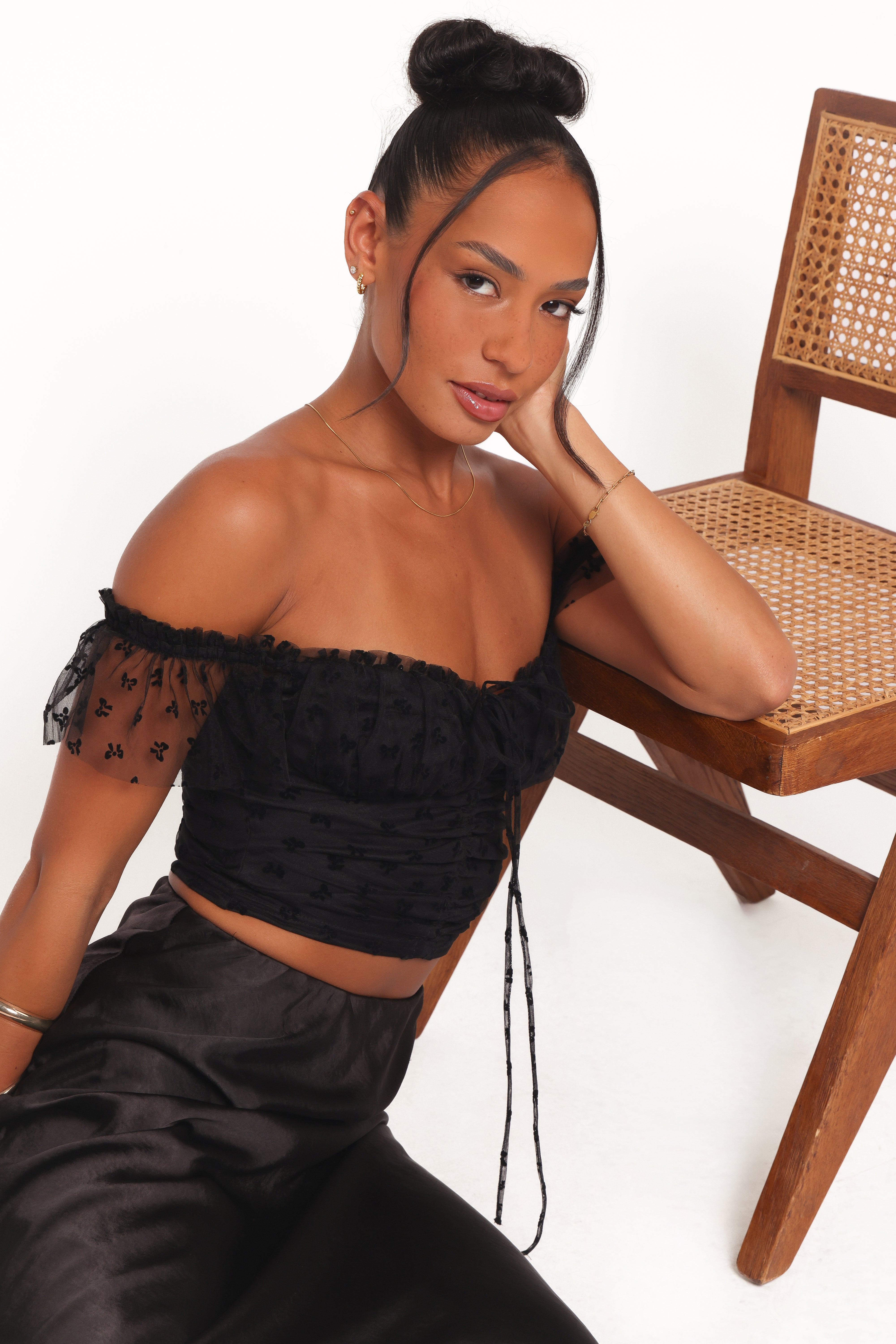 Aster Off Shoulder Mesh Top - Black