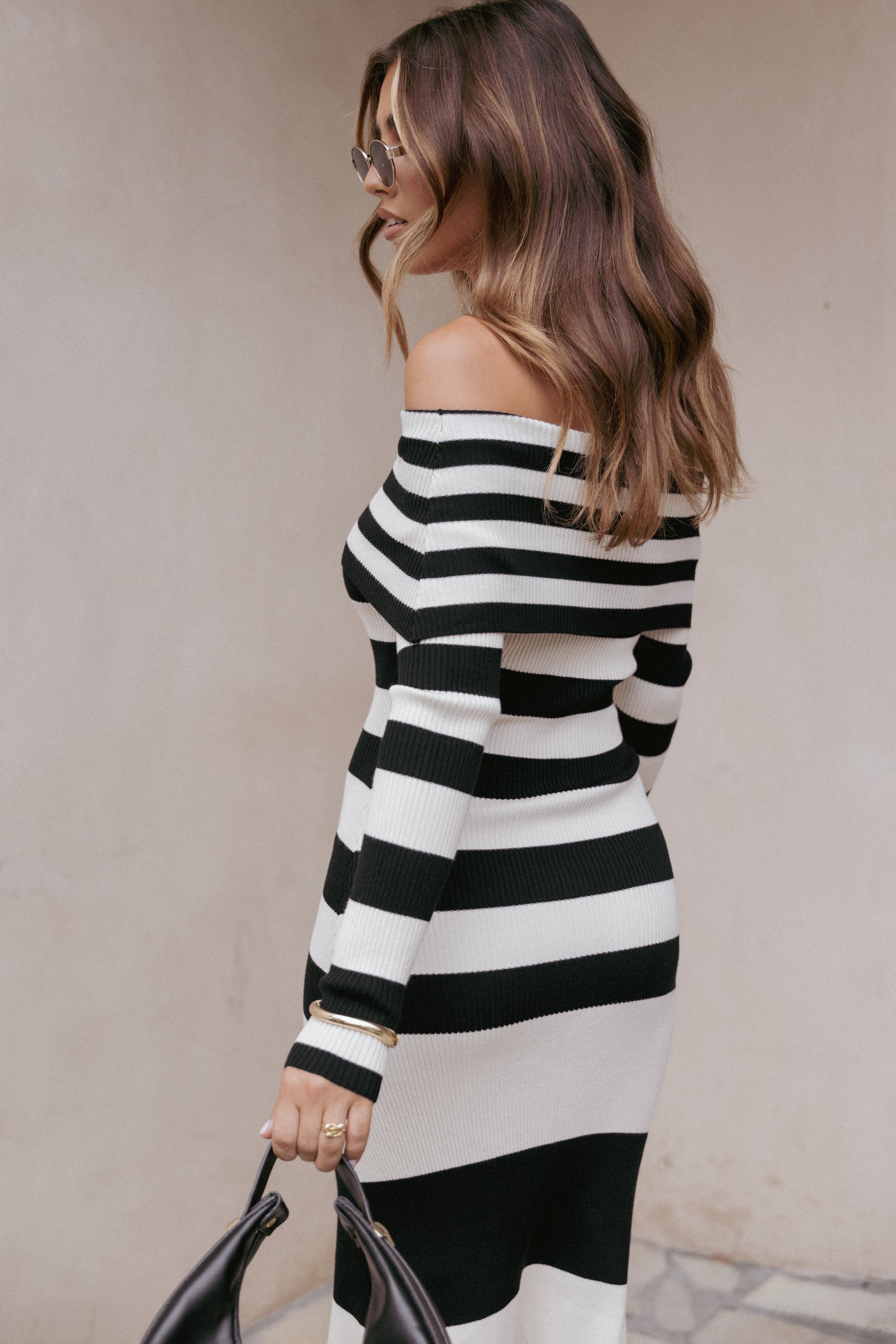 Banks Off Shoulder Knit Dress - Black Cream Stripe