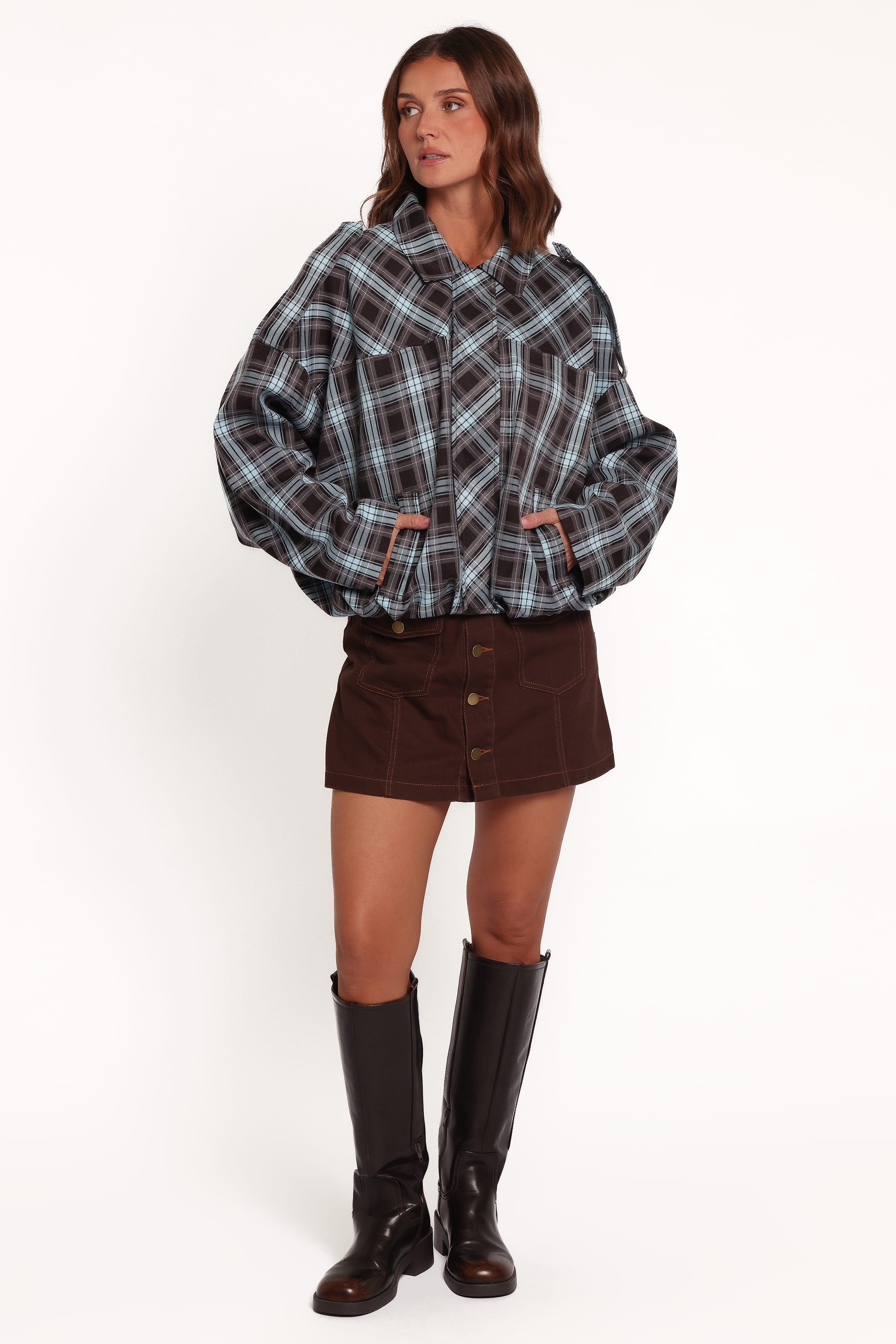 Bindy Bomber - Choc/Blue Plaid