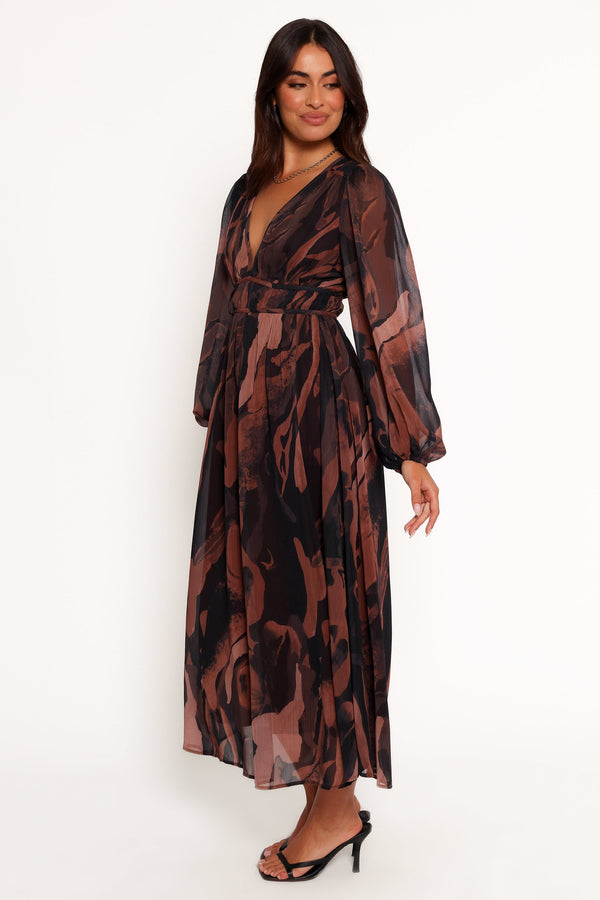 Blayze Long Sleeve Maxi Dress - Brown Print