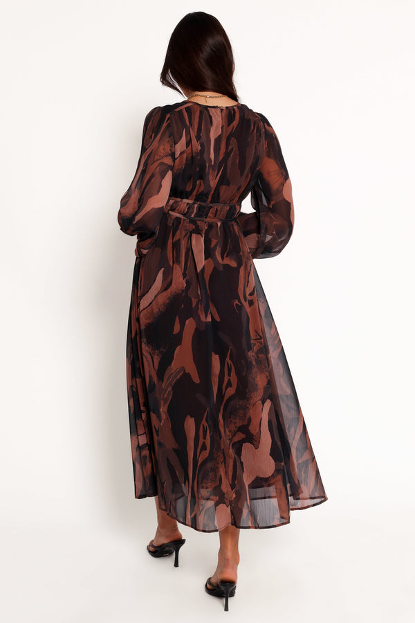 Blayze Long Sleeve Maxi Dress - Brown Print