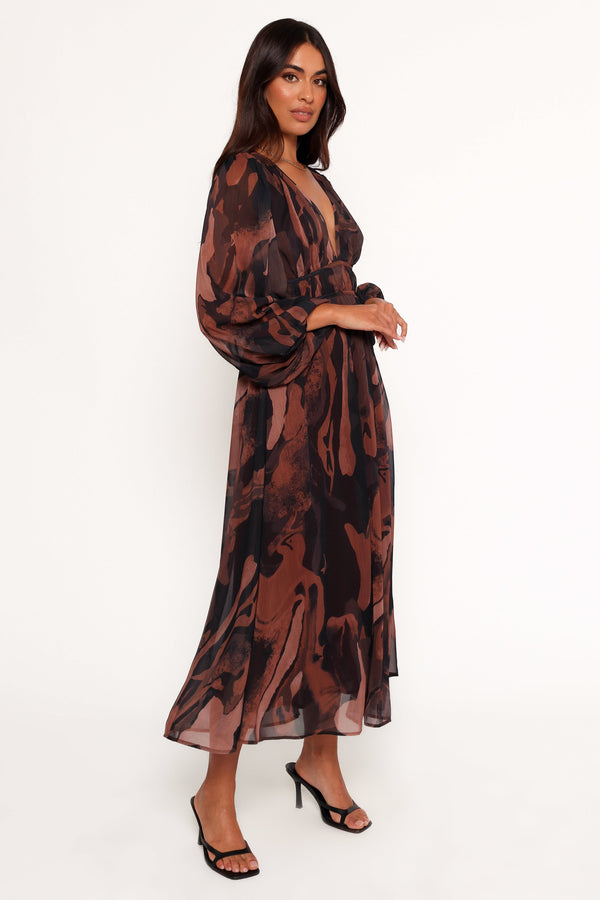 Blayze Long Sleeve Maxi Dress - Brown Print