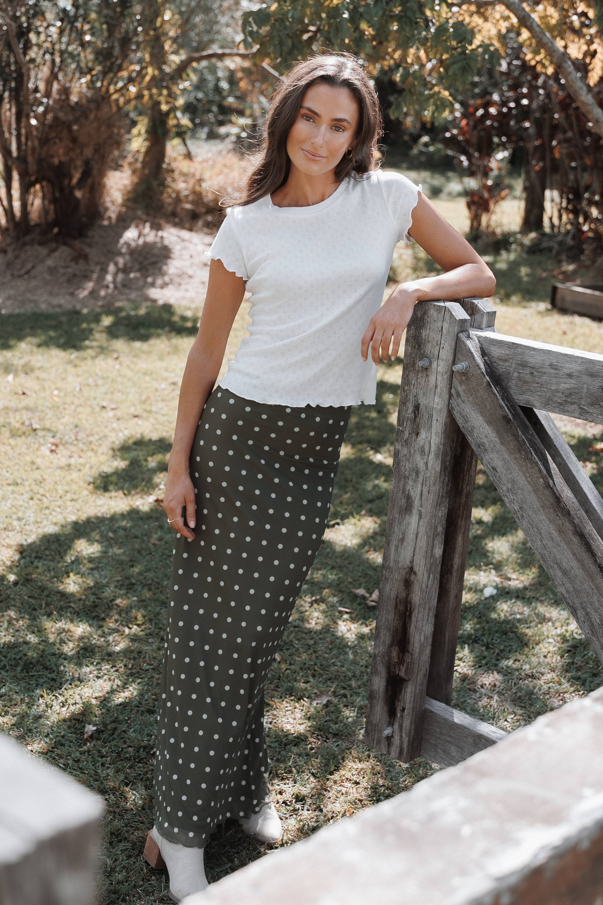 Bloise Maxi Skirt - Olive Green Polka Dot