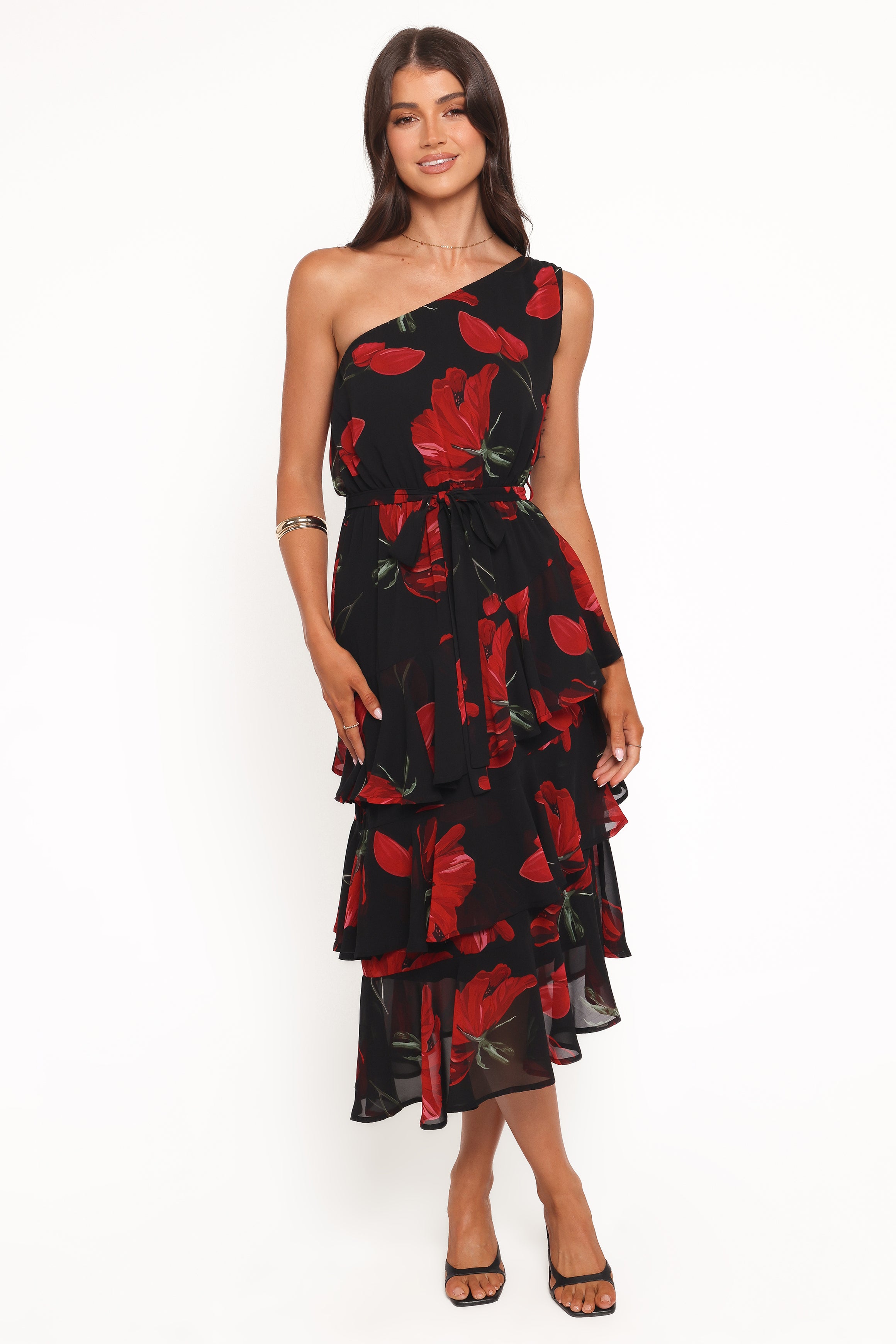 Brigette One Shoulder Tiered Midi Dress - Red Floral