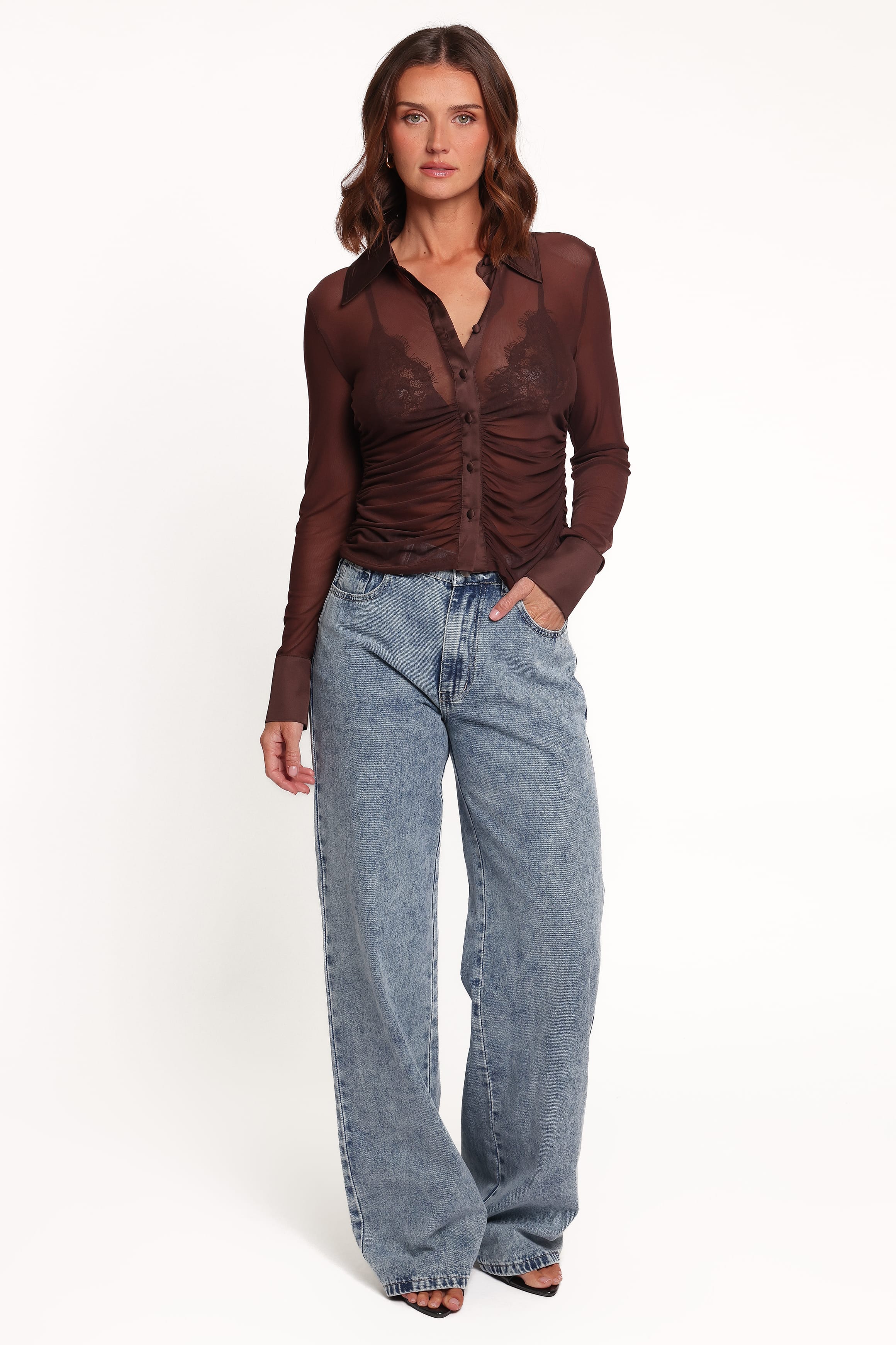 Carolyn Mesh Ruched Top - Chocolate
