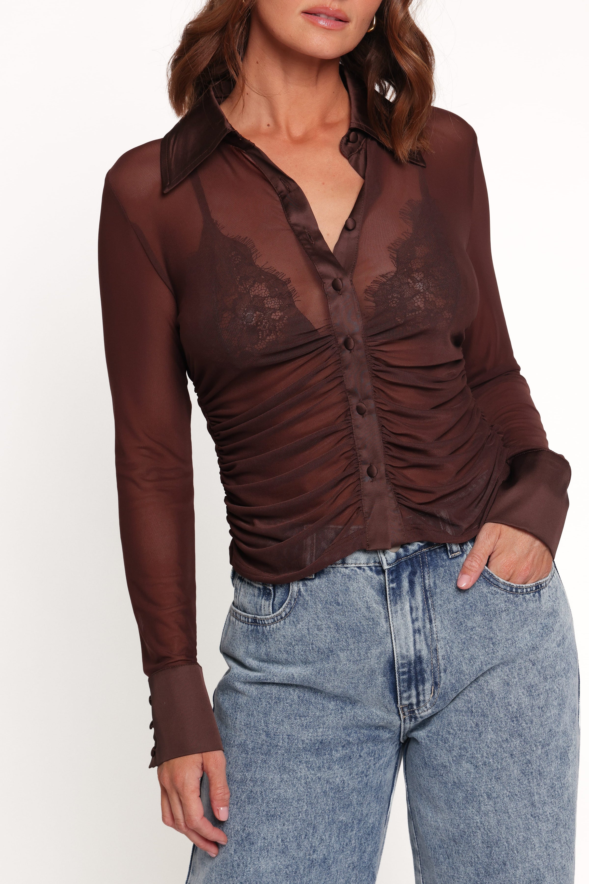 Carolyn Mesh Ruched Top - Chocolate