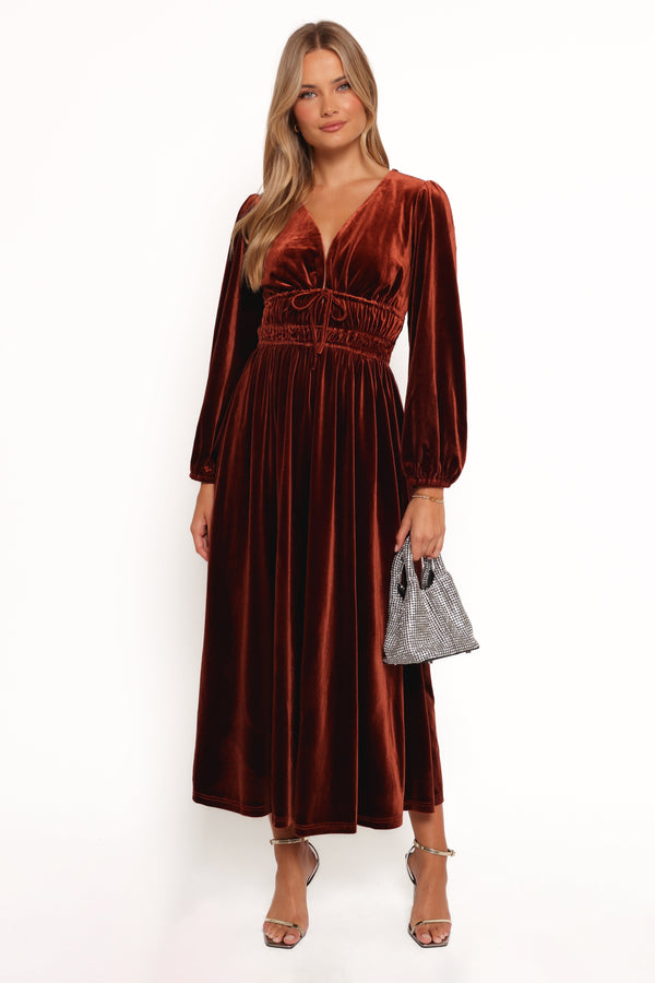 Cece Velvet Long Sleeve Maxi Dress - Rust