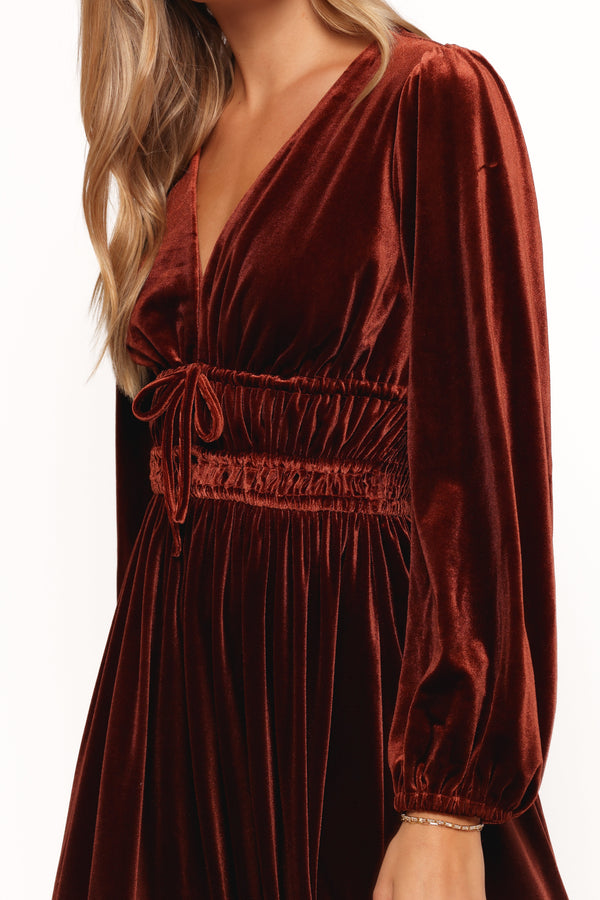 Cece Velvet Long Sleeve Maxi Dress - Rust