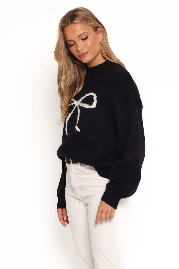 Cecelia Bow Print Mock Neck Knit Sweater - Black