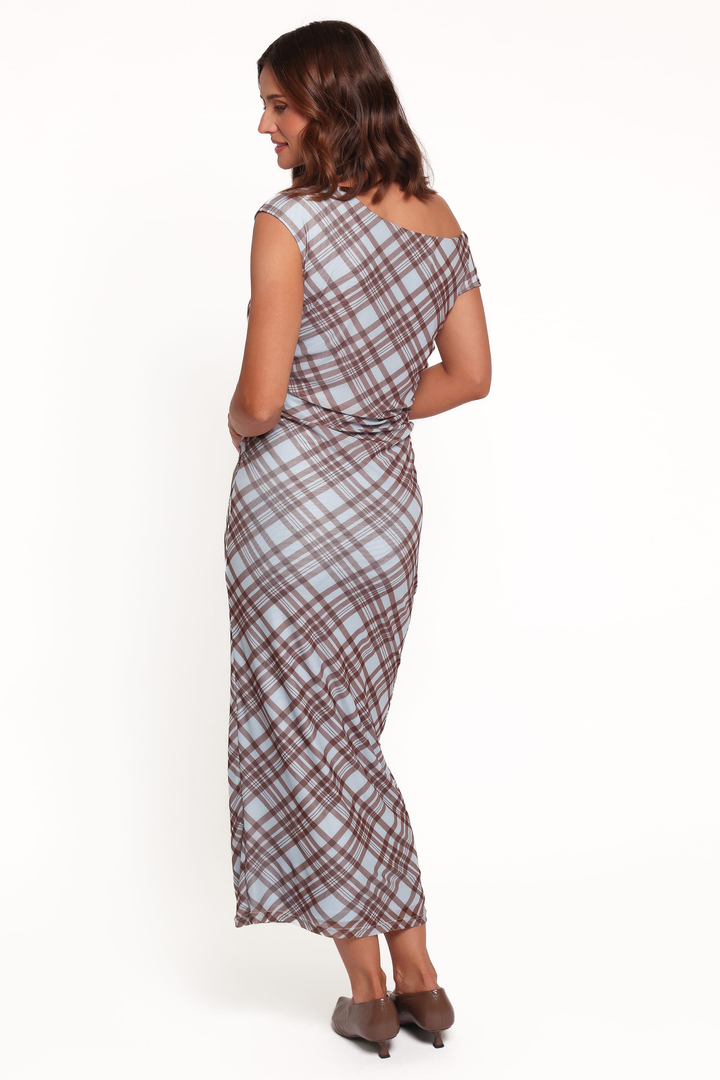 Clea Off Shoulder Mesh Midi Dress - Blue Plaid