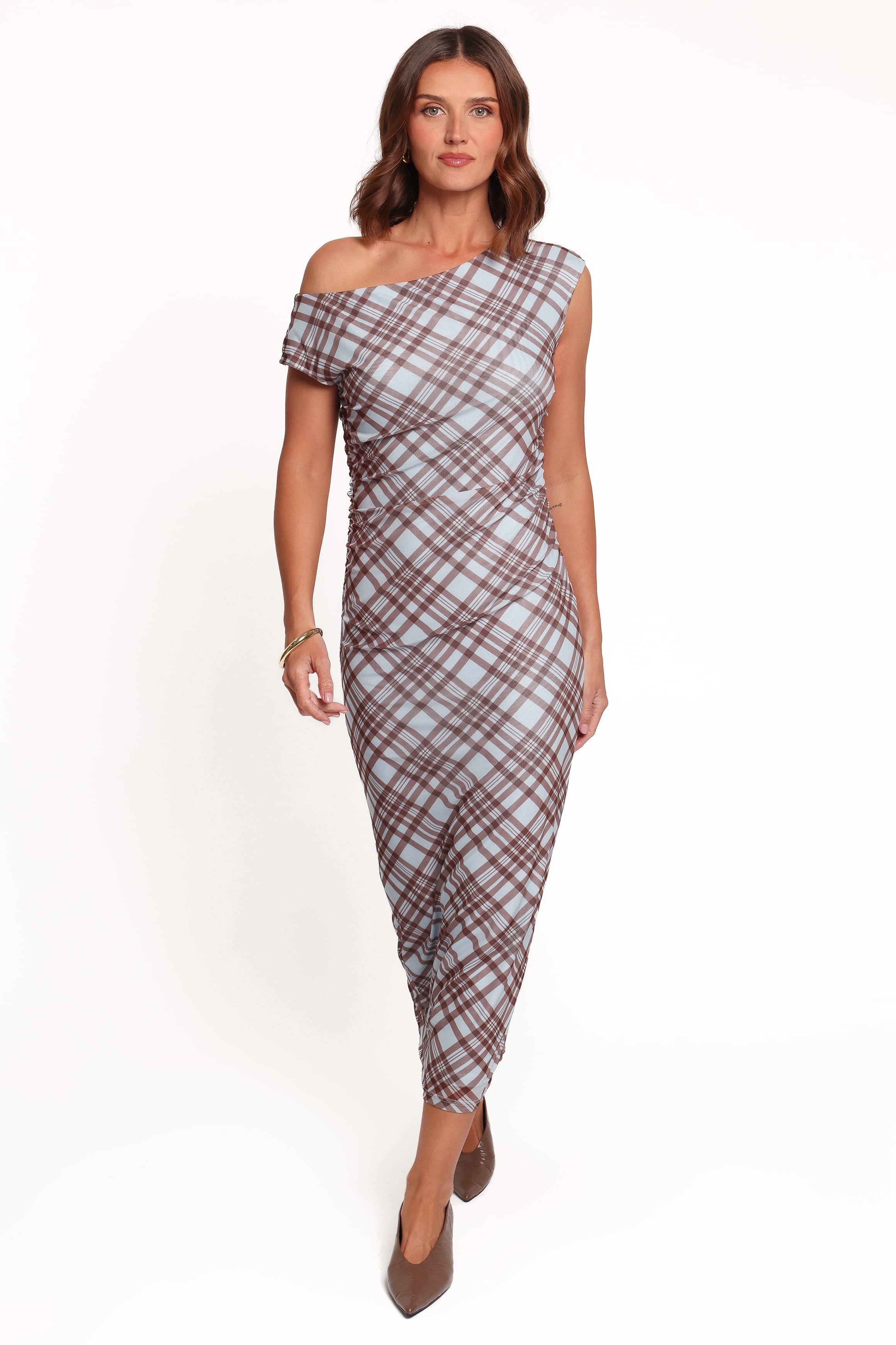 Clea Off Shoulder Mesh Midi Dress - Blue Plaid