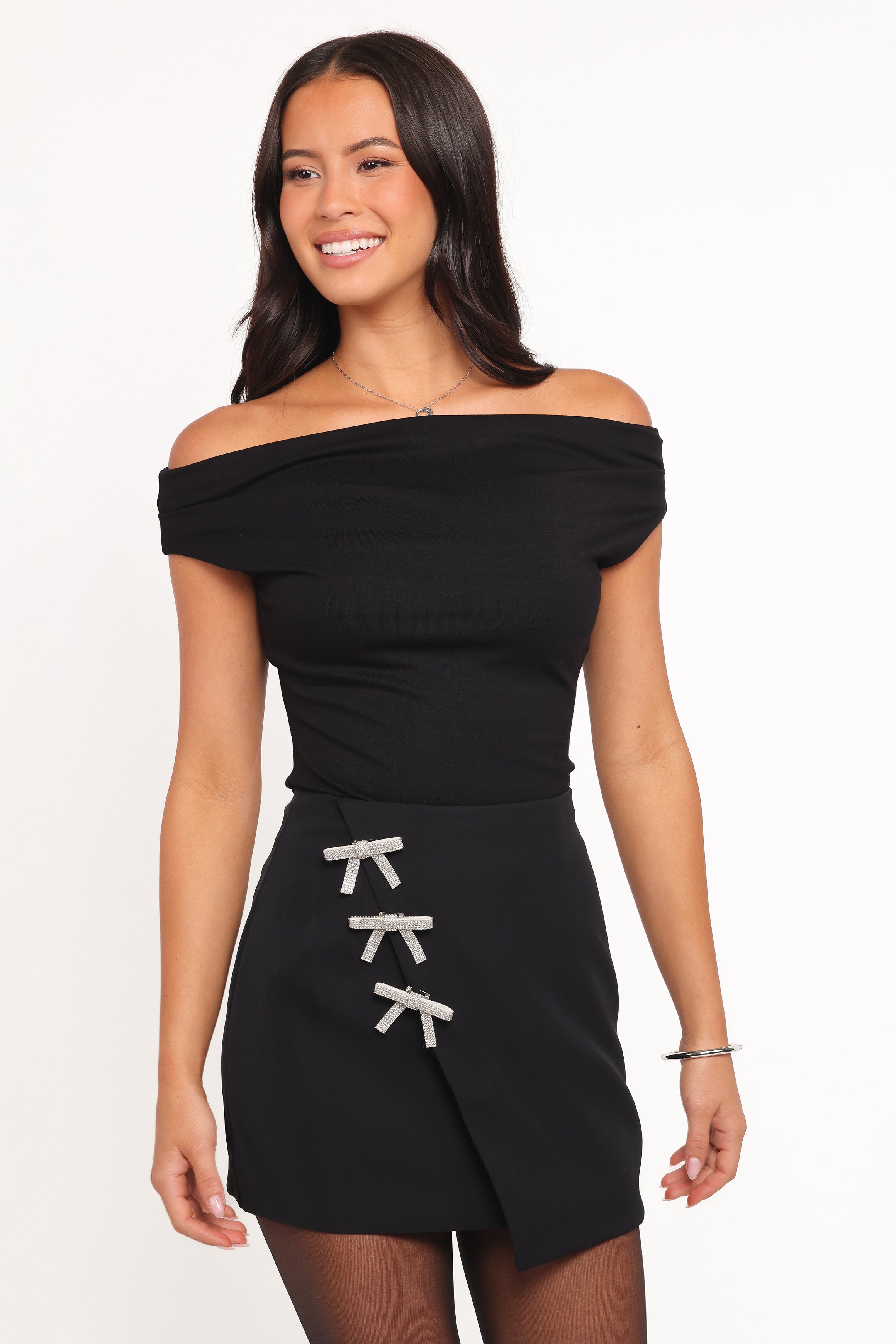 Tyra Mini Skirt With Embellished Bows - Black