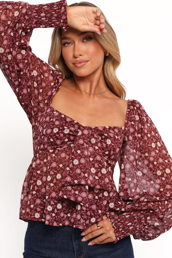 Darrie Long Sleeve Top - Burgundy Multi