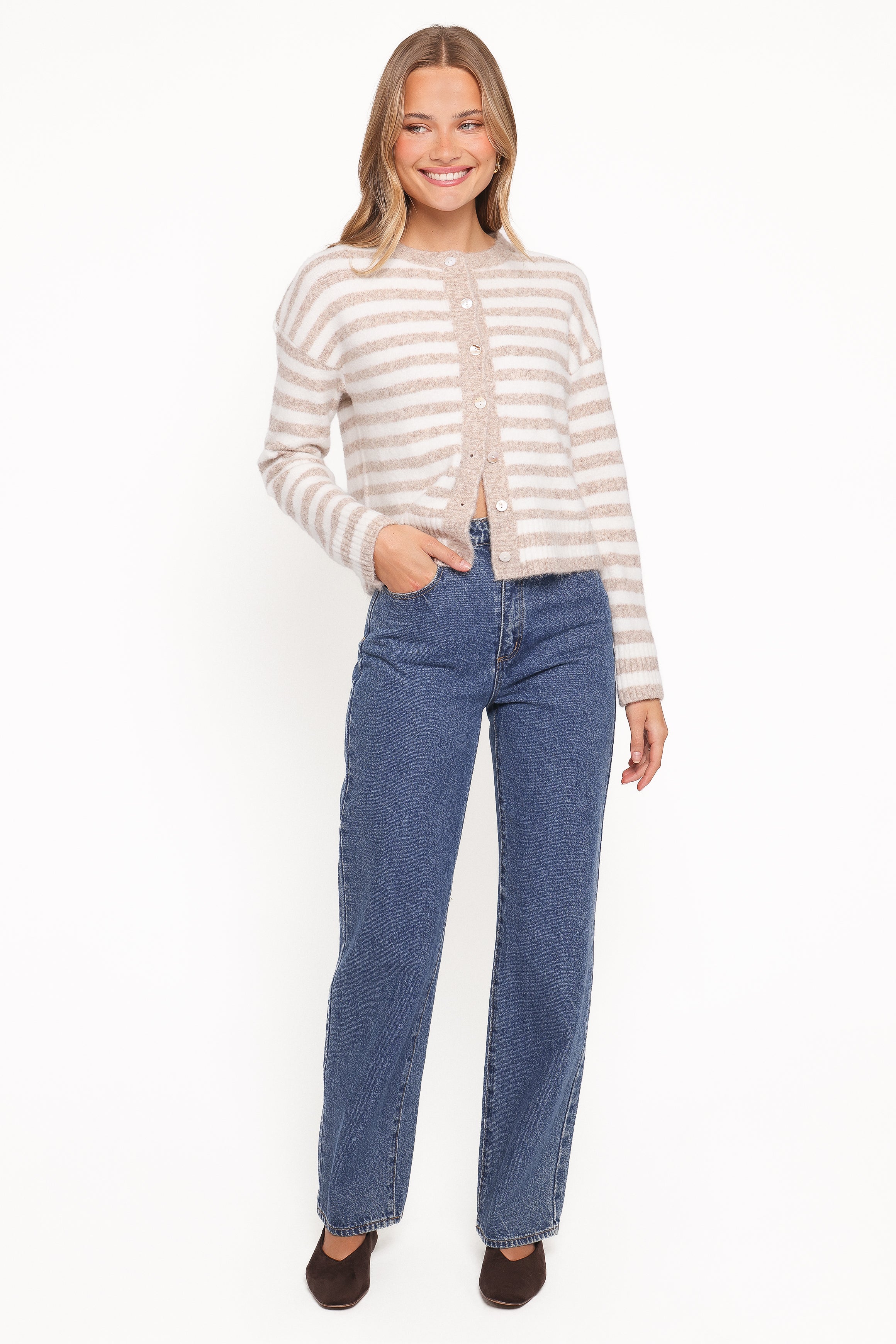 Dean Striped Cardigan - White/Beige