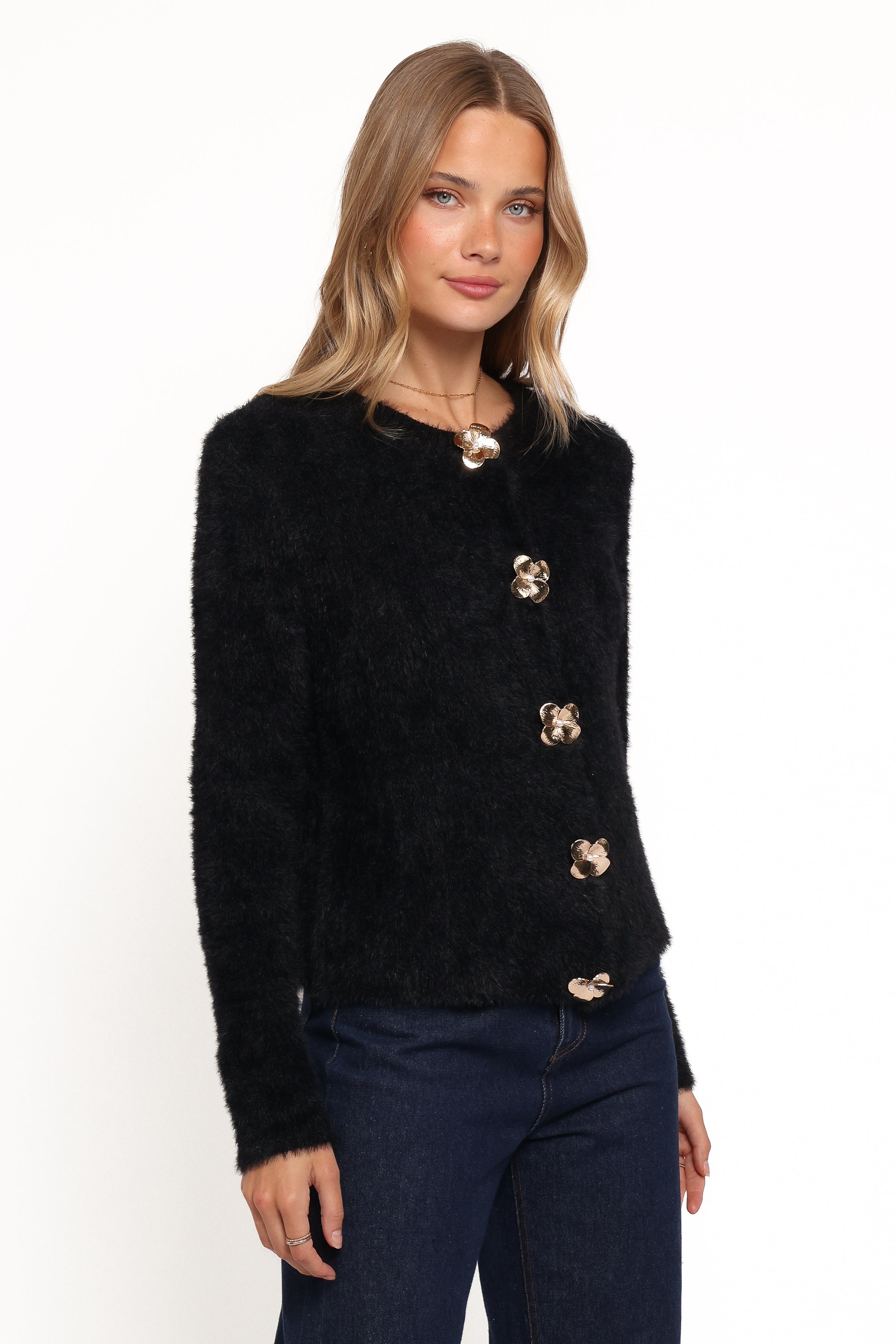 Donna Flower Button Cardigan - Black
