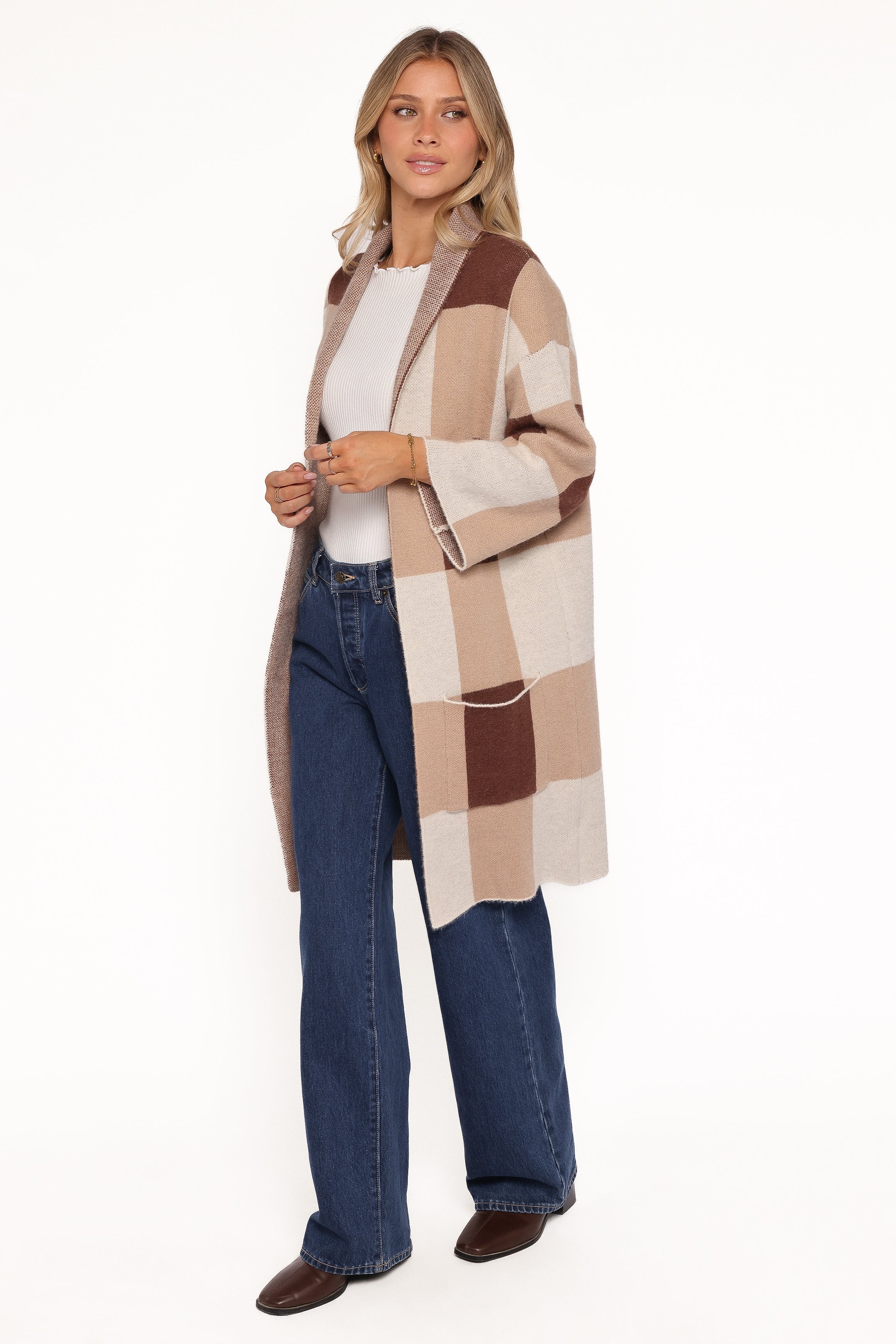 Ecoya Long Cardigan - Brown Plaid