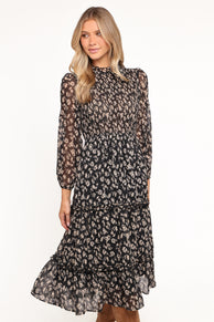 Edwina Shirred Frill Long Sleeve Midi Dress - Black Ditsy Floral