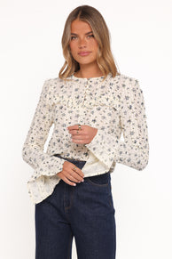 Eira Textured Ruffle Top - Cream Blue Floral