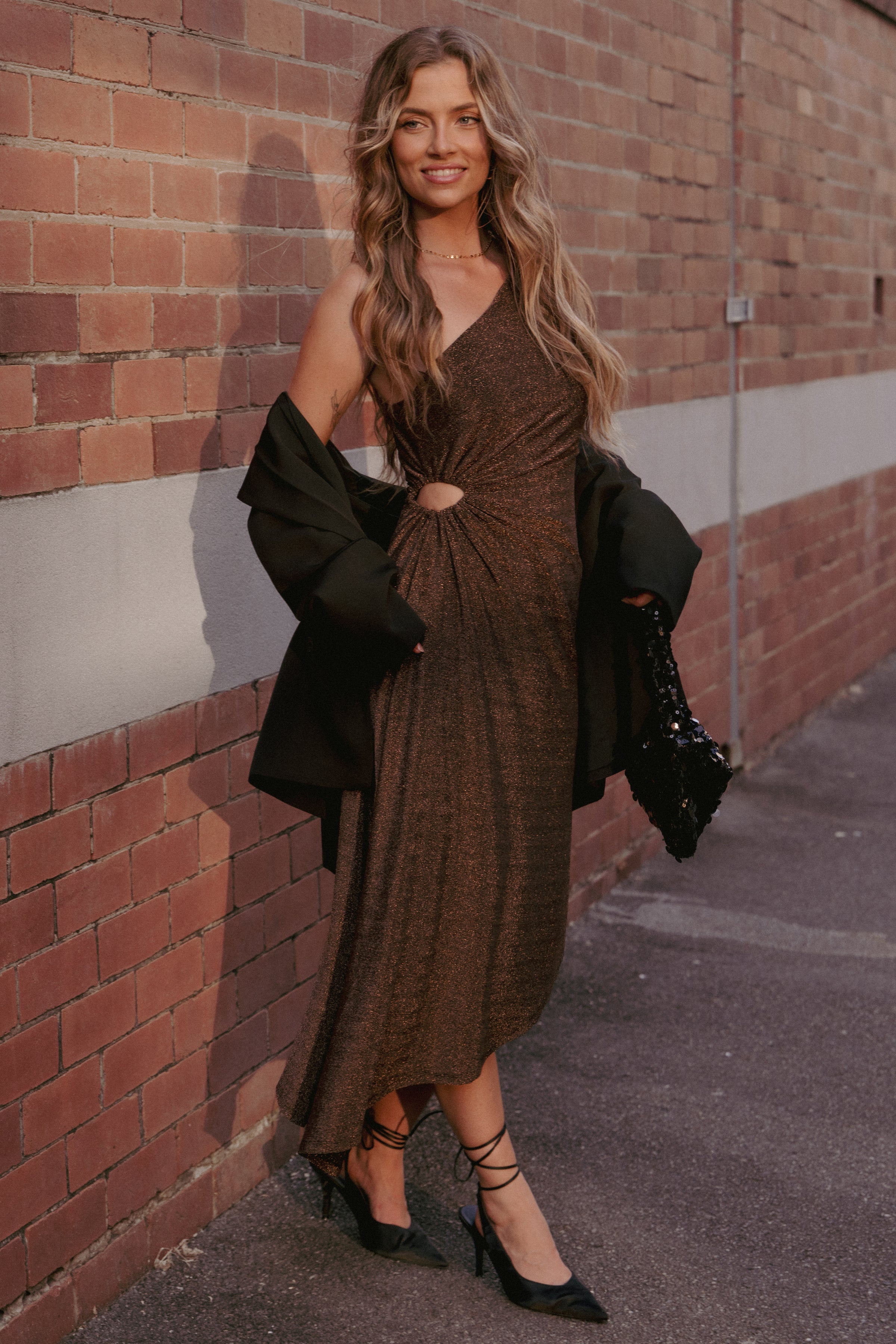 Emma One Shoulder Midi Dress - Vintage Gold