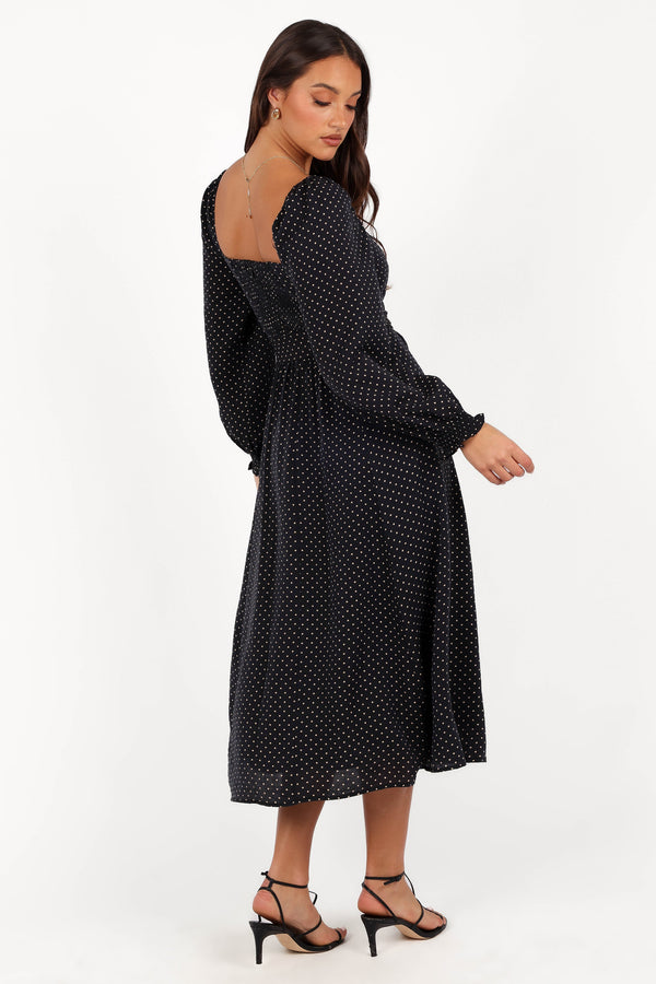 Ettie Long Sleeve Midi Dress - Black Polka Dot