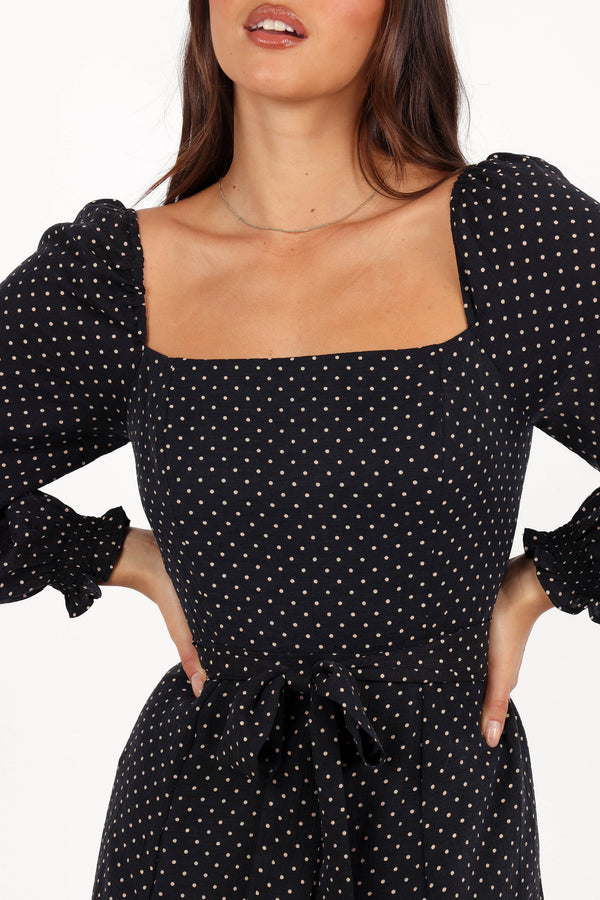 Ettie Long Sleeve Midi Dress - Black Polka Dot