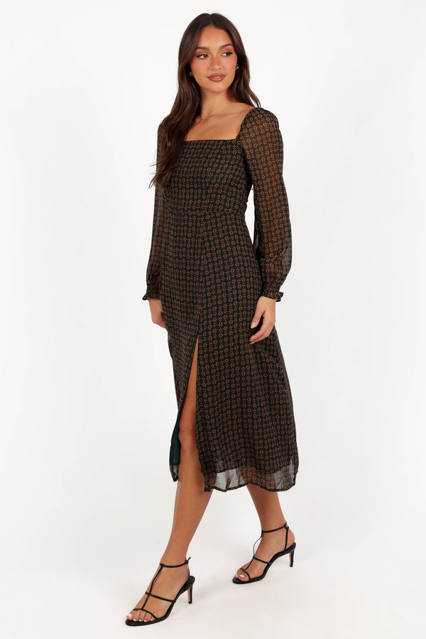 Ettie Long Sleeve Midi Dress - Pine/Tan