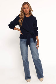 Ettie Wrap Side Tie Knit Sweater - Navy (Hold for Rack)