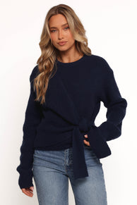 Ettie Wrap Side Tie Knit Sweater - Navy (Hold for Rack)