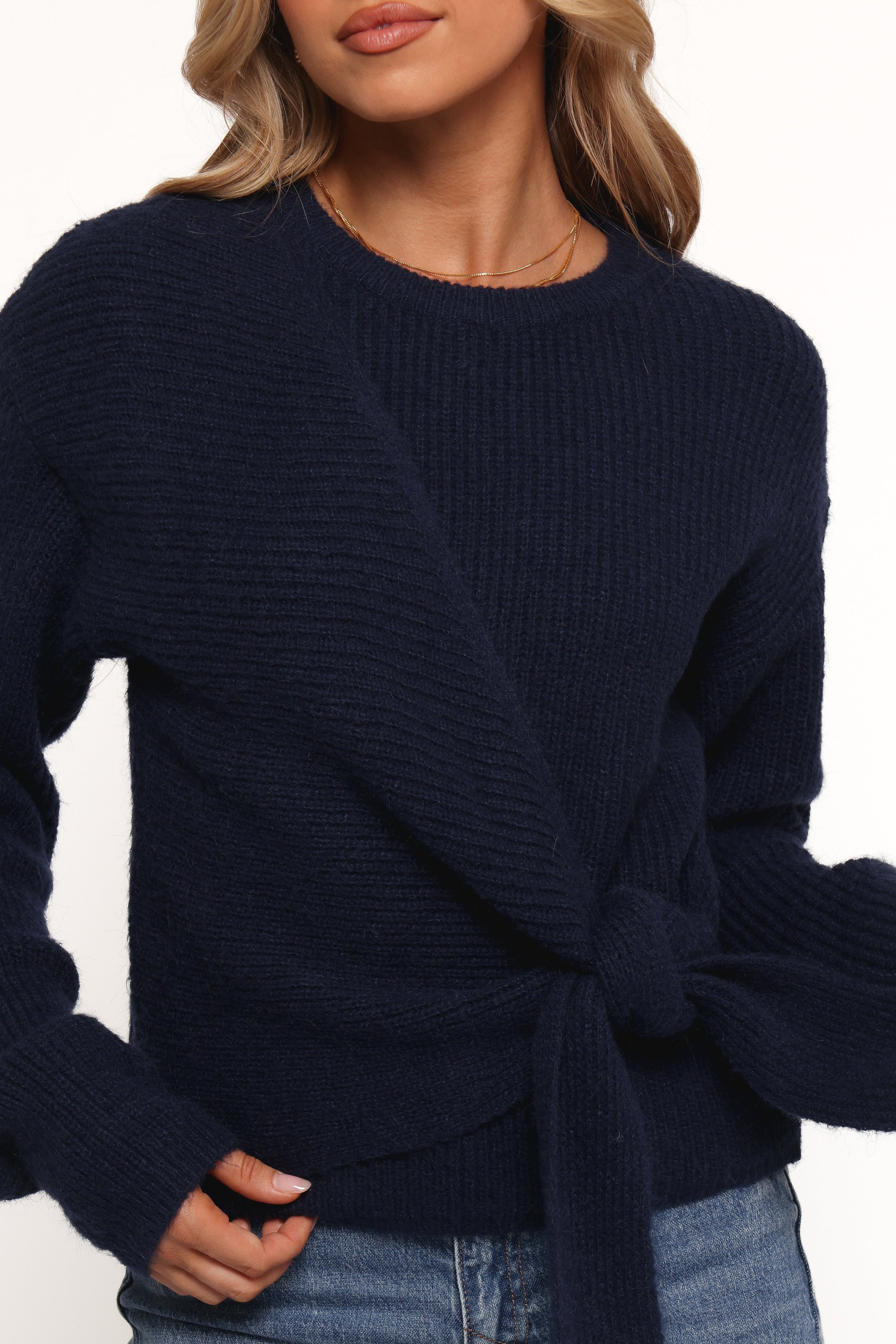 Ettie Wrap Side Tie Knit Sweater - Navy (Hold for Rack)