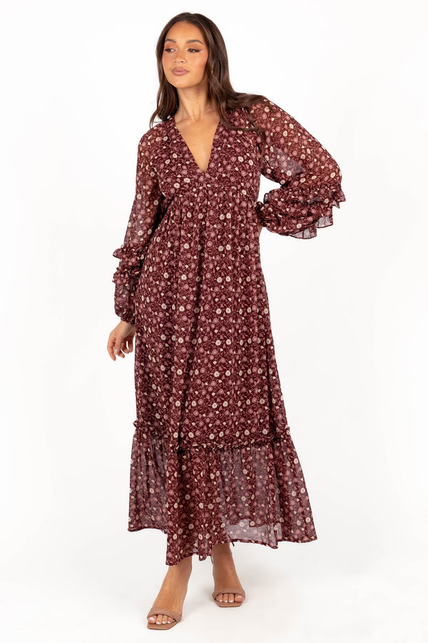 Evian Long Sleeve Maxi Dress - Burgundy Multi