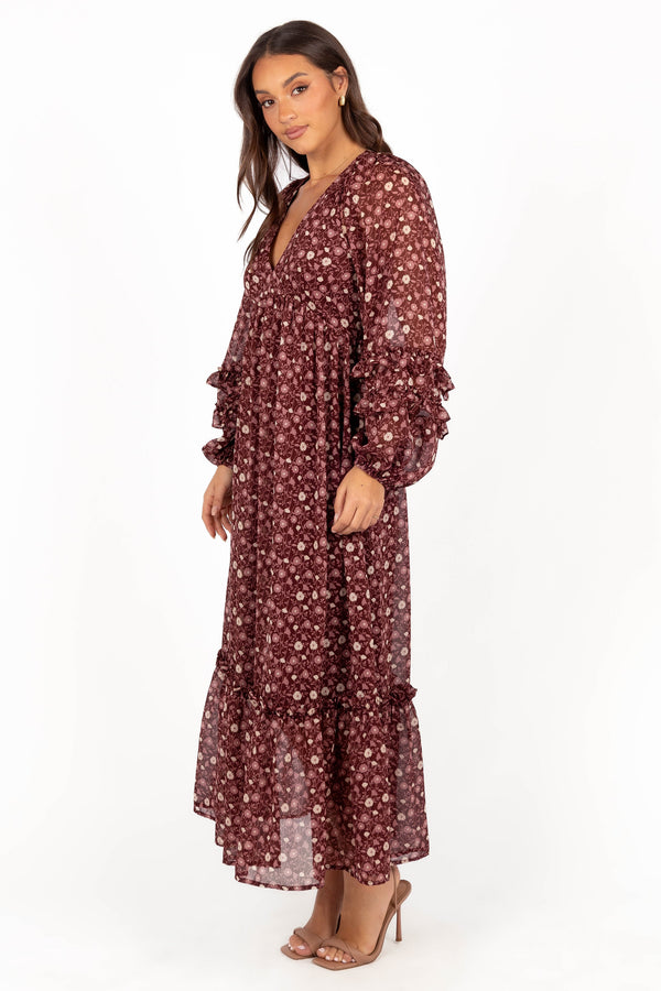 Evian Long Sleeve Maxi Dress - Burgundy Multi