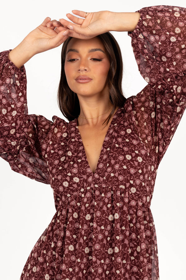 Evian Long Sleeve Maxi Dress - Burgundy Multi