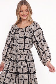 Faris Off Shoulder Midi Dress - Black Geo