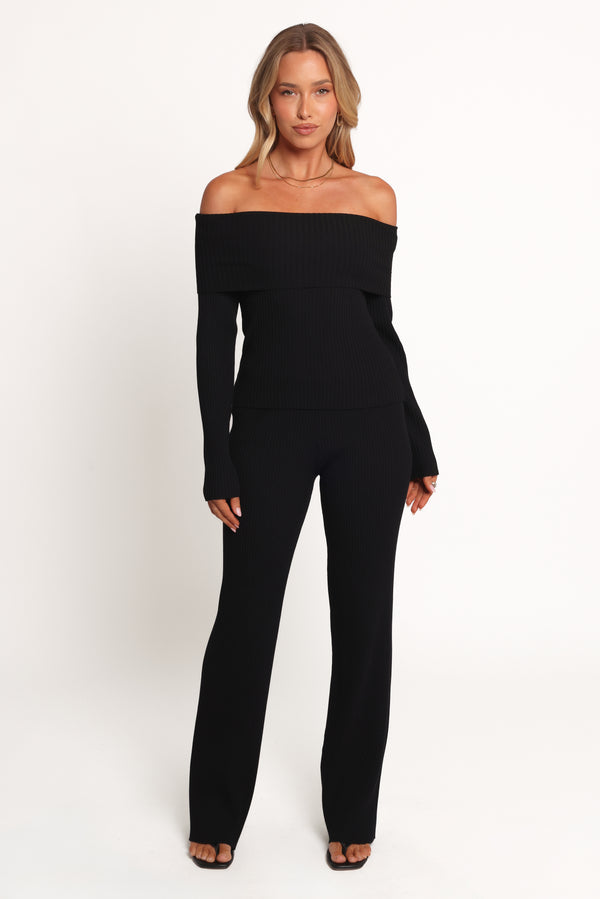 Gindie Ribbed Knit Off The Shoulder Pant Set - Black