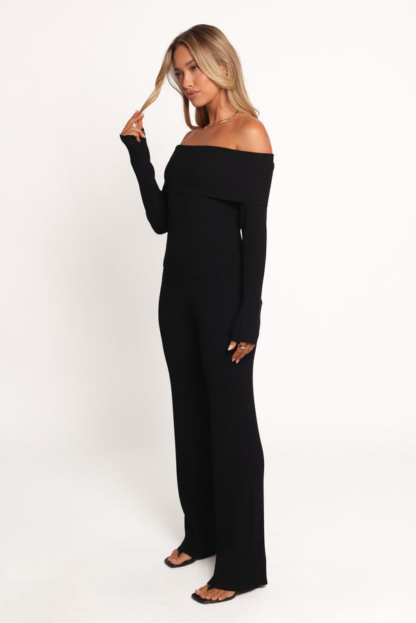 Gindie Ribbed Knit Off The Shoulder Pant Set - Black