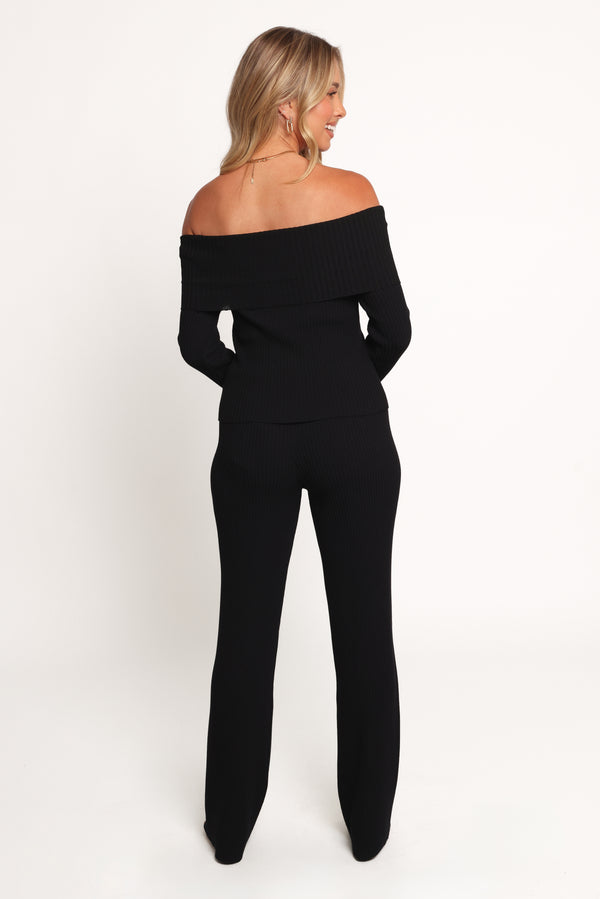 Gindie Ribbed Knit Off The Shoulder Pant Set - Black