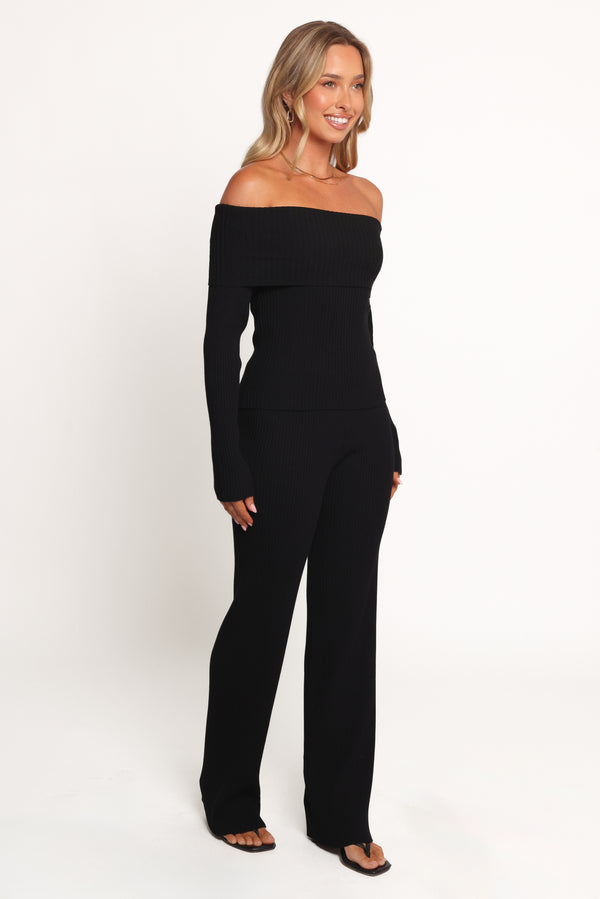 Gindie Ribbed Knit Off The Shoulder Pant Set - Black