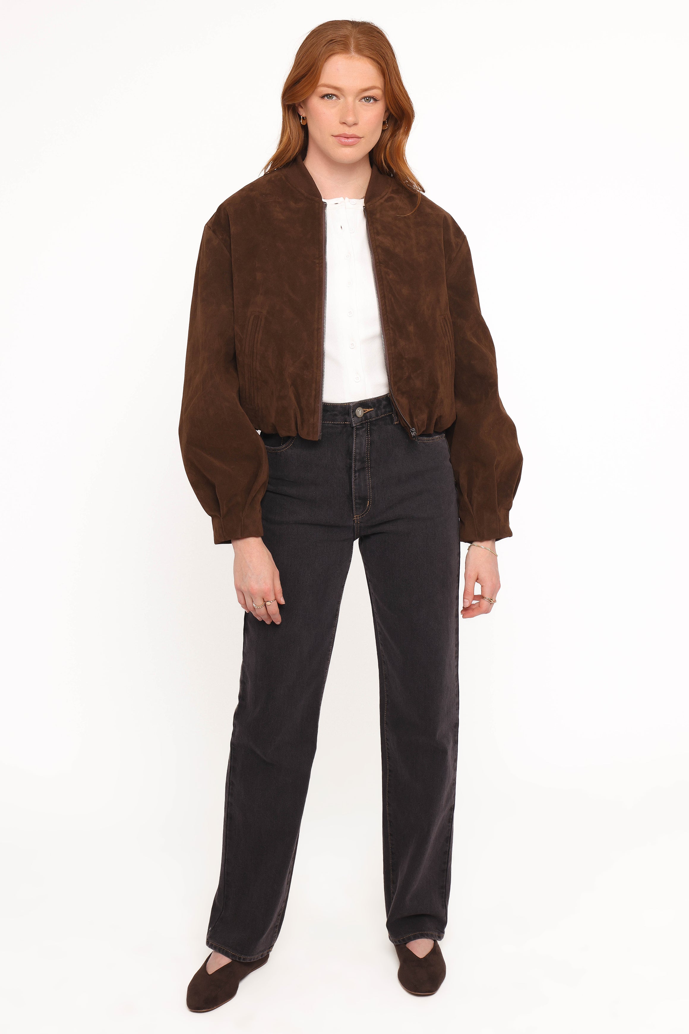 Goldie Faux Suede Bomber Jacket - Brown