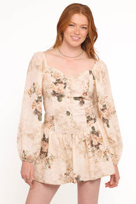 Greta Long Sleeve Romper - Beige Floral