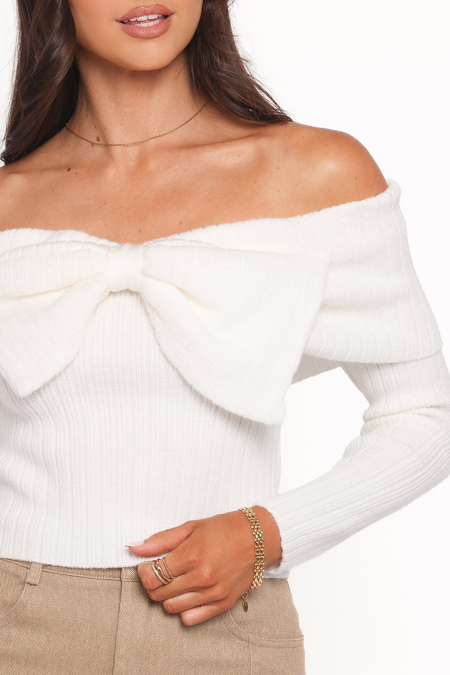 Helene Bow Off Shoulder Knit Sweater - Ivory