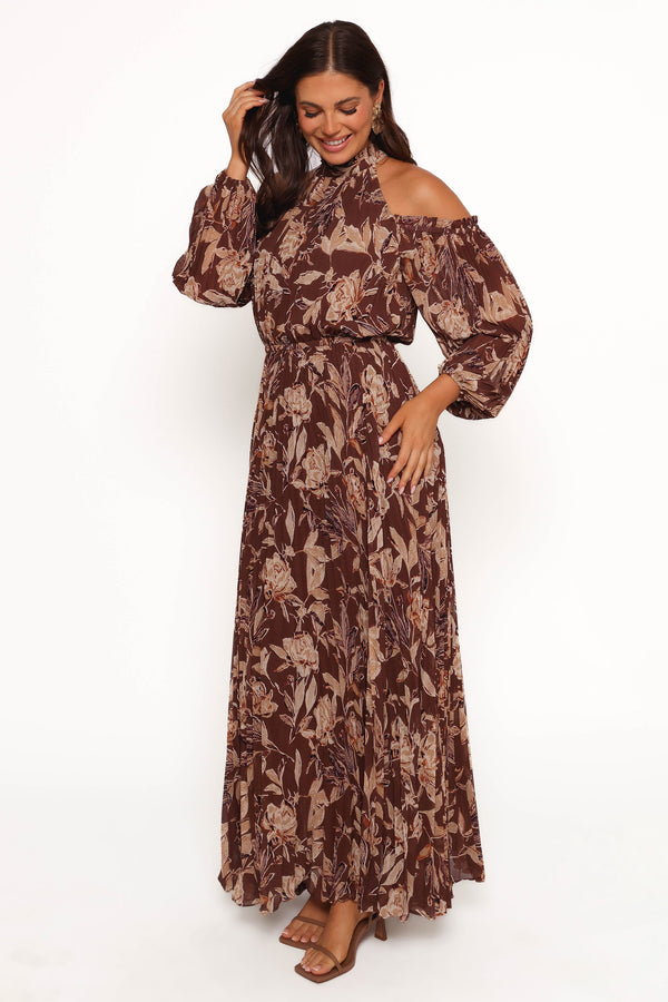 Hilary Pleated Maxi Dress - Brown Floral